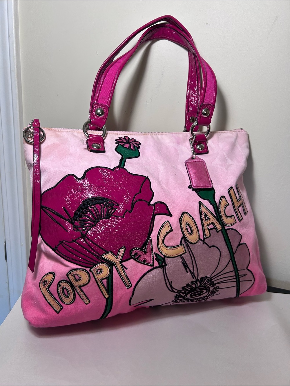 Coach Pink Floral Poppy Tote with Hot Pink Handles